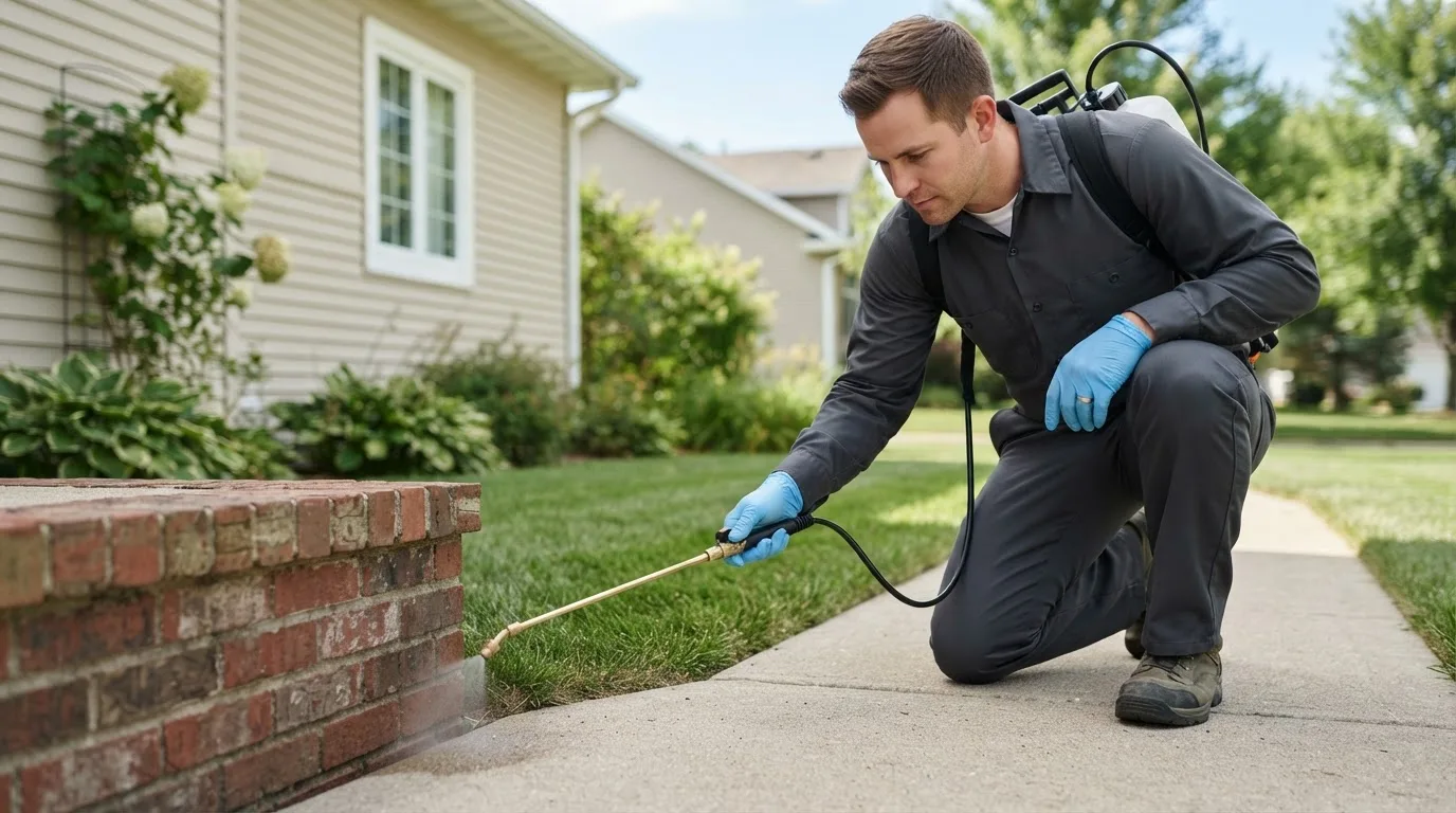 Pest control technician treating a home near Boswell, OK