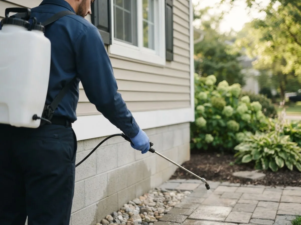 Pest control technician inspecting a home in Boswell, OK